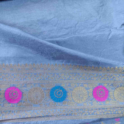 GREY PANCH MEENA BANARASI SEMI SILK SAREE