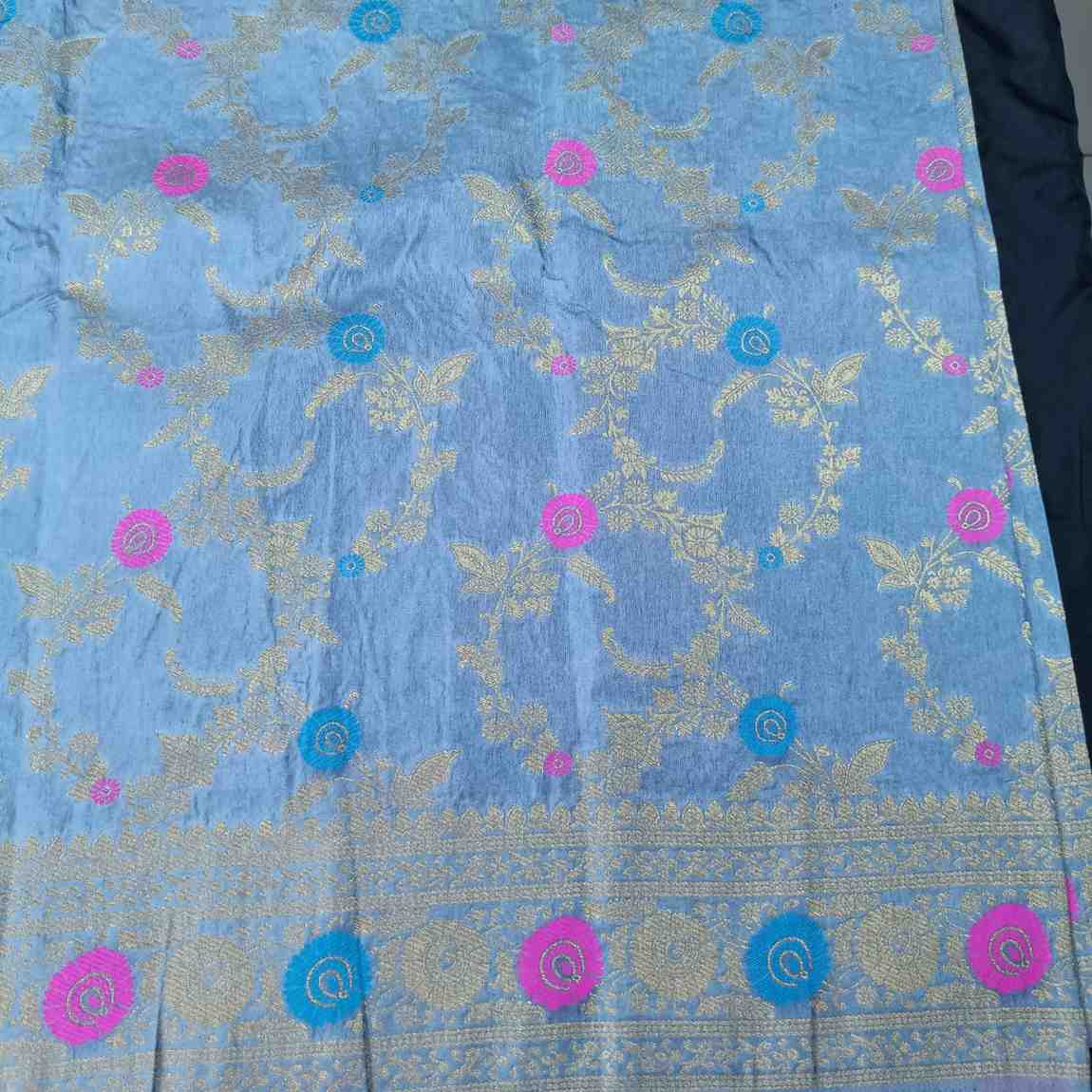 GREY PANCH MEENA BANARASI SEMI SILK SAREE