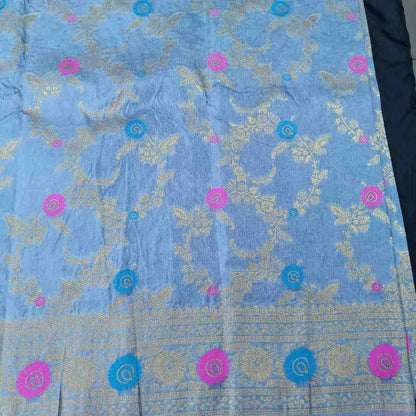 GREY PANCH MEENA BANARASI SEMI SILK SAREE
