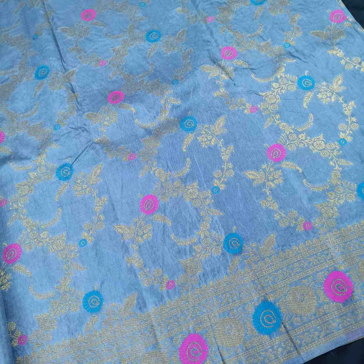 GREY PANCH MEENA BANARASI SEMI SILK SAREE