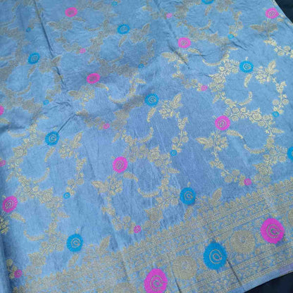 GREY PANCH MEENA BANARASI SEMI SILK SAREE