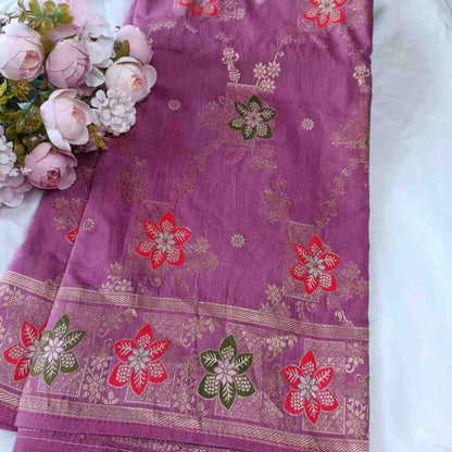 ROSE LAVENDER BOX FLORAL JAAL MEENA BANARASI VISCOSE SAREE