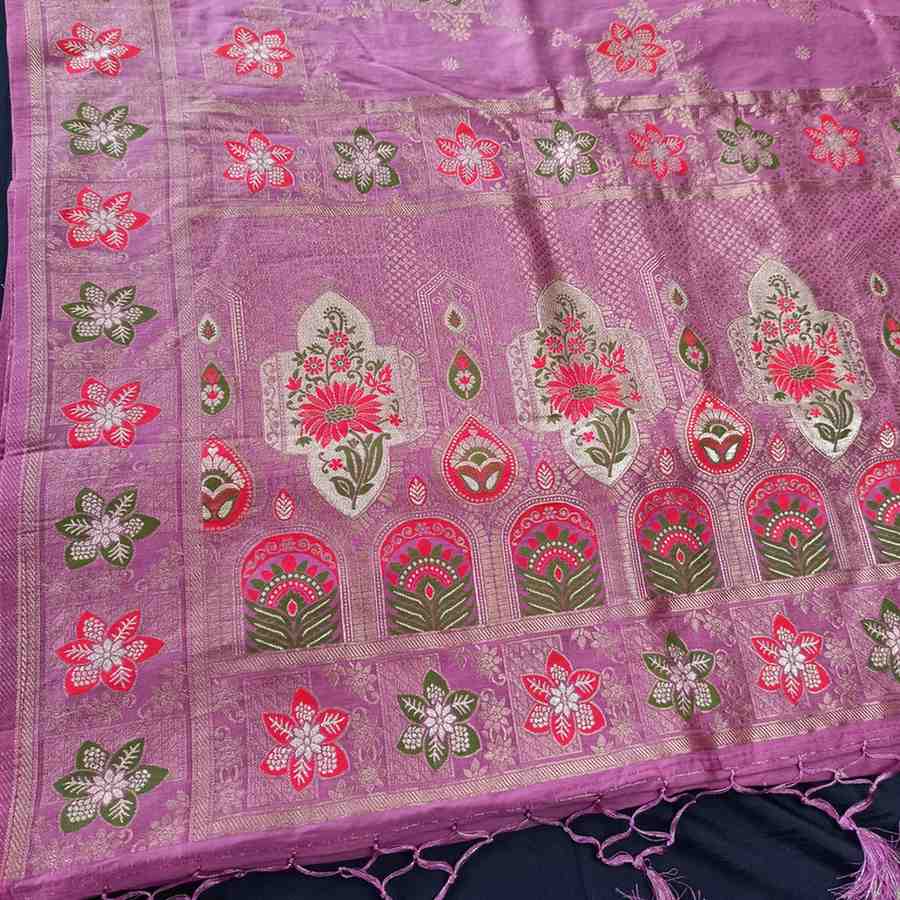 ROSE LAVENDER BOX FLORAL JAAL MEENA BANARASI VISCOSE SAREE