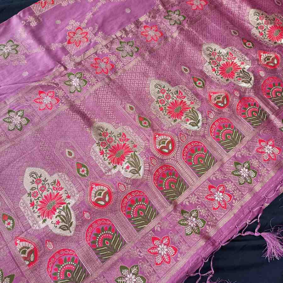 ROSE LAVENDER BOX FLORAL JAAL MEENA BANARASI VISCOSE SAREE
