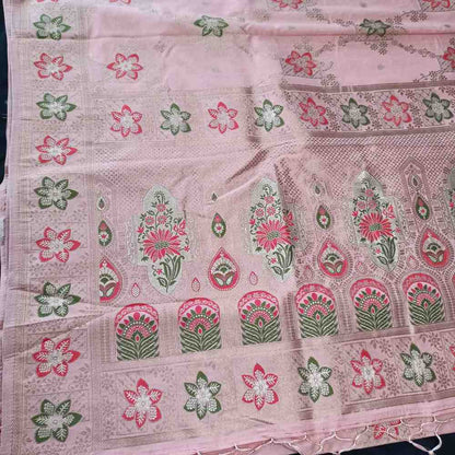 POWDER PEACH FLORAL JAAL MEENA BANARASI VISCOSE SAREE