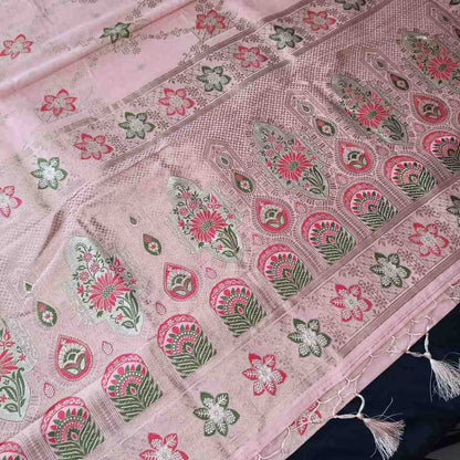POWDER PEACH FLORAL JAAL MEENA BANARASI VISCOSE SAREE