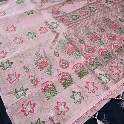 POWDER PEACH FLORAL JAAL MEENA BANARASI VISCOSE SAREE