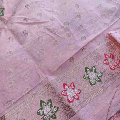 POWDER PEACH FLORAL JAAL MEENA BANARASI VISCOSE SAREE