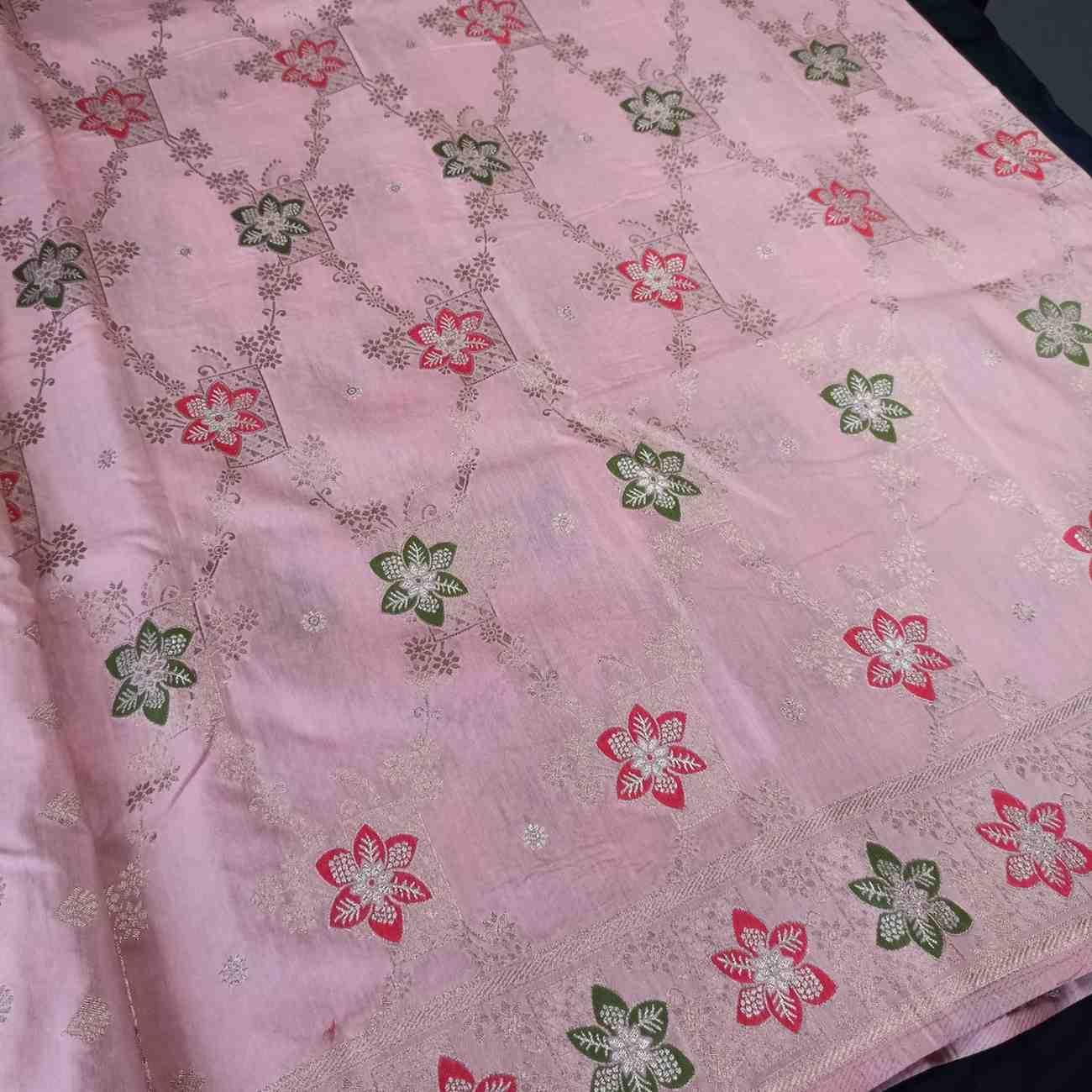 POWDER PEACH FLORAL JAAL MEENA BANARASI VISCOSE SAREE