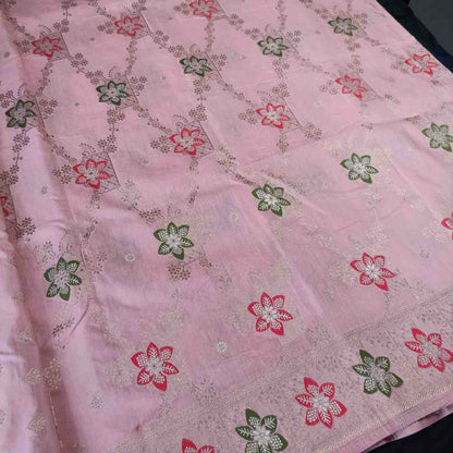 POWDER PEACH FLORAL JAAL MEENA BANARASI VISCOSE SAREE