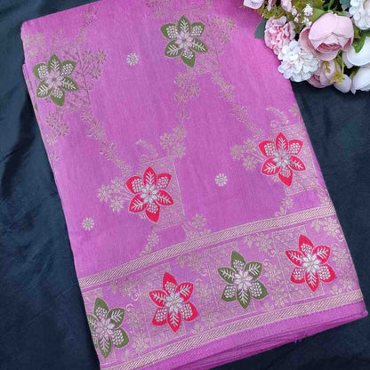 LAVENDER PINK BOX FLORAL JAAL MEENA BANARASI VISCOSE SAREE