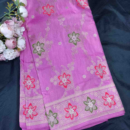 LAVENDER PINK BOX FLORAL JAAL MEENA BANARASI VISCOSE SAREE