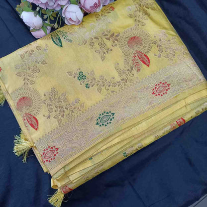 YELLOW FLORAL JAAL BANARASI VISCOSE SAREE