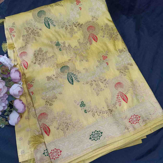 YELLOW FLORAL JAAL BANARASI VISCOSE SAREE