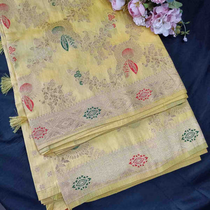 YELLOW FLORAL JAAL BANARASI VISCOSE SAREE