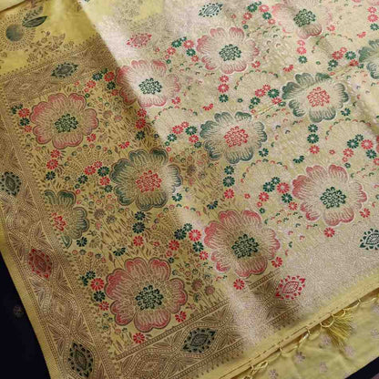 YELLOW FLORAL JAAL BANARASI VISCOSE SAREE