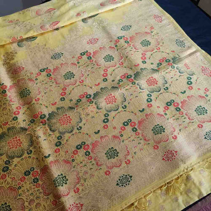 YELLOW FLORAL JAAL BANARASI VISCOSE SAREE