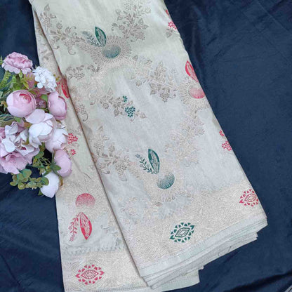 OFF WHITE FLORAL JAAL BANARASI VISCOSE SAREE