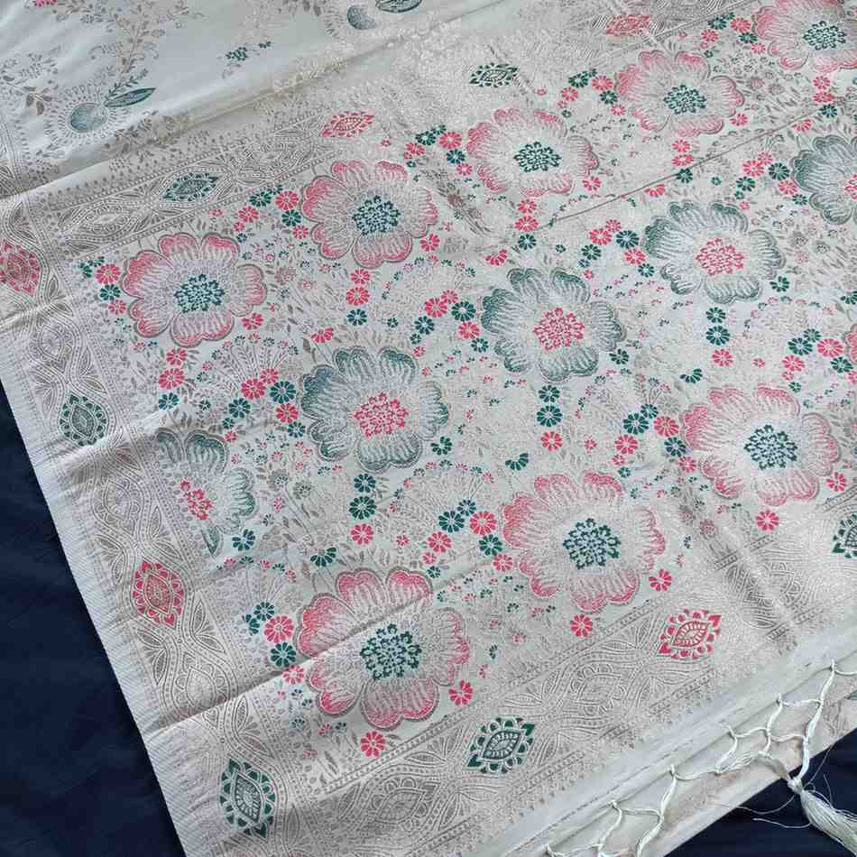 OFF WHITE FLORAL JAAL BANARASI VISCOSE SAREE