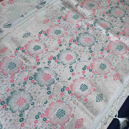 OFF WHITE FLORAL JAAL BANARASI VISCOSE SAREE