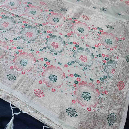 OFF WHITE FLORAL JAAL BANARASI VISCOSE SAREE