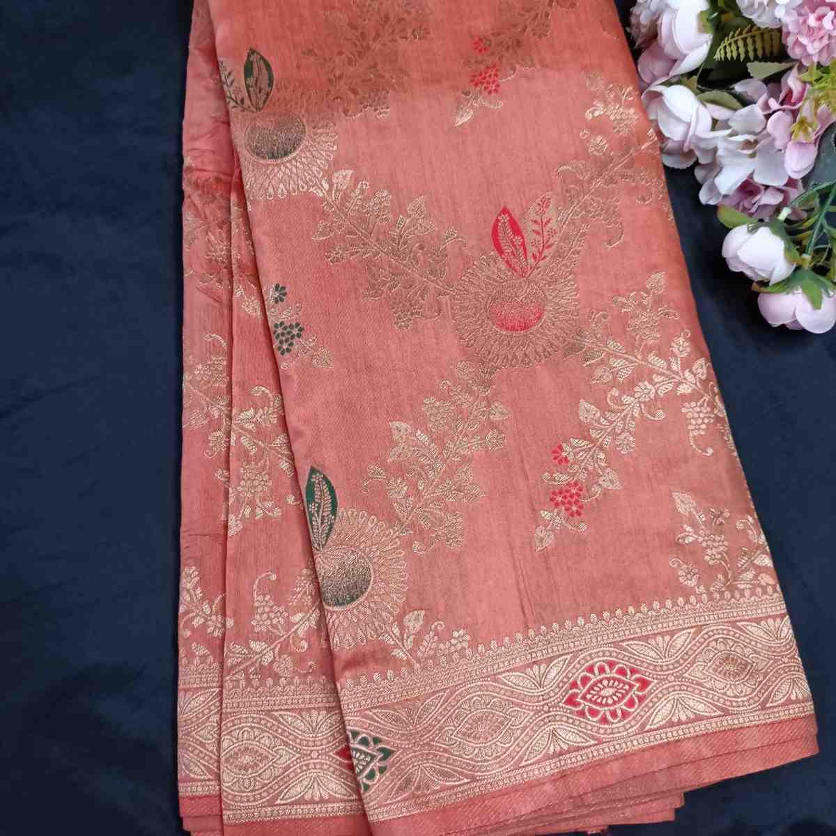 ORANGE FLORAL JAAL BANARASI VISCOSE SAREE
