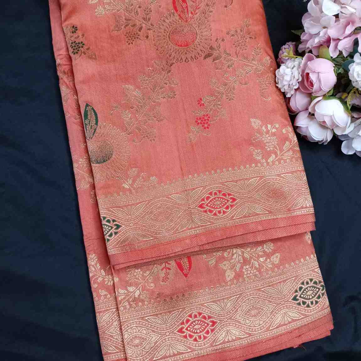ORANGE FLORAL JAAL BANARASI VISCOSE SAREE