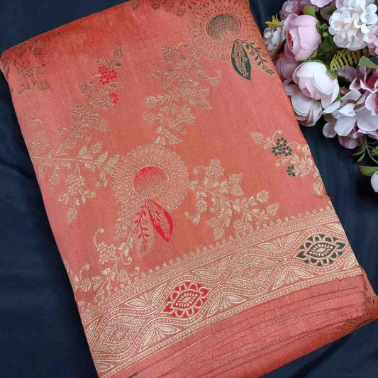 ORANGE FLORAL JAAL BANARASI VISCOSE SAREE