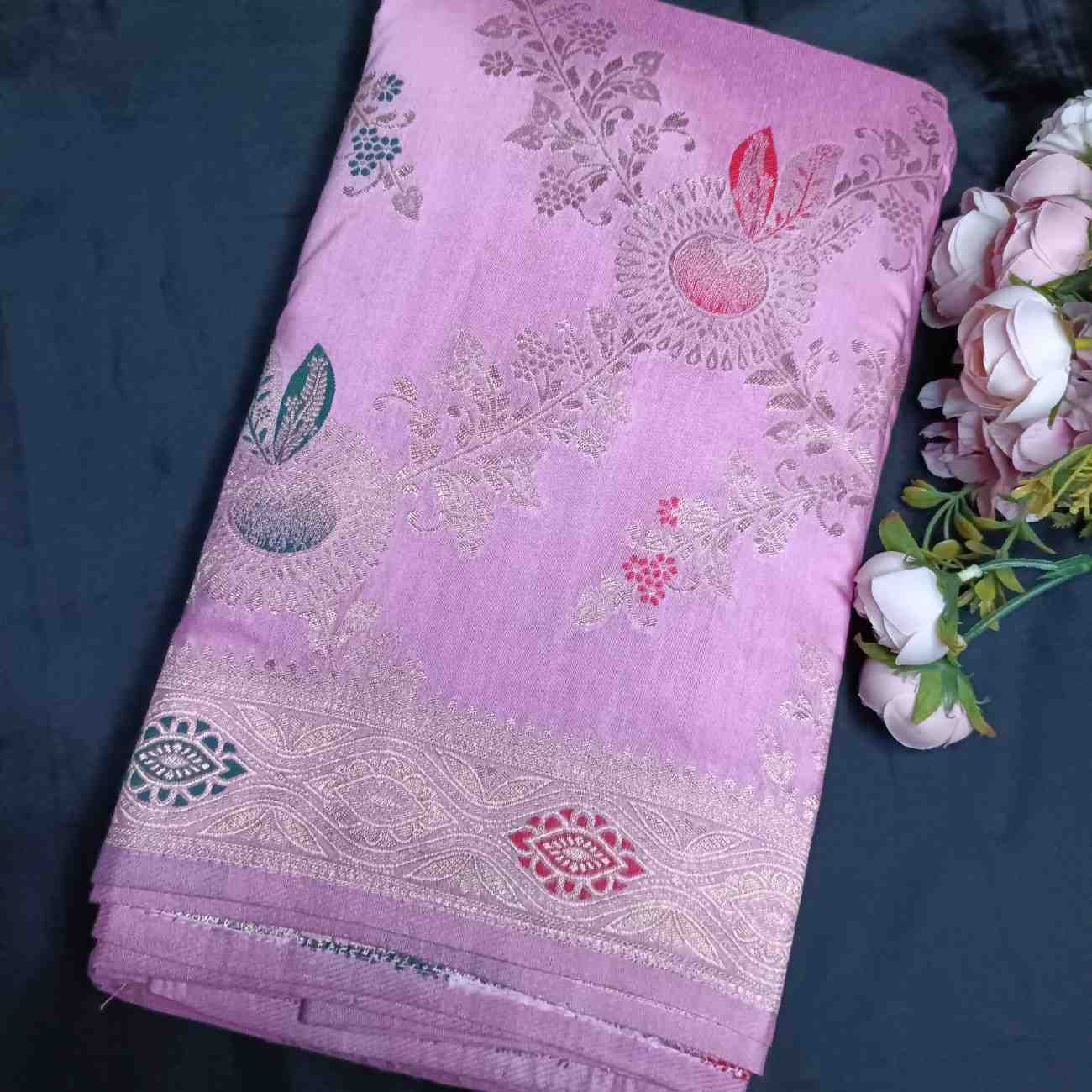 LOTUS PINK FLORAL JAAL BANARASI VISCOSE SAREE