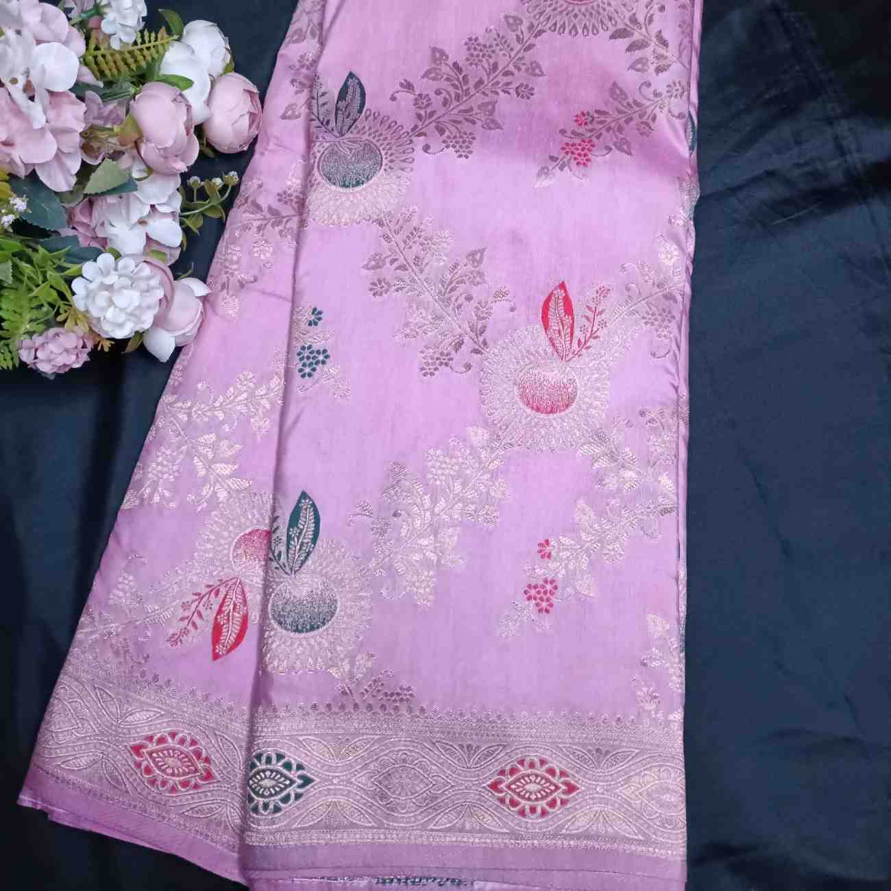 LOTUS PINK FLORAL JAAL BANARASI VISCOSE SAREE