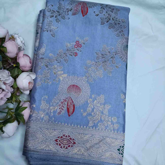 GREY FLORAL JAAL BANARASI VISCOSE SAREE