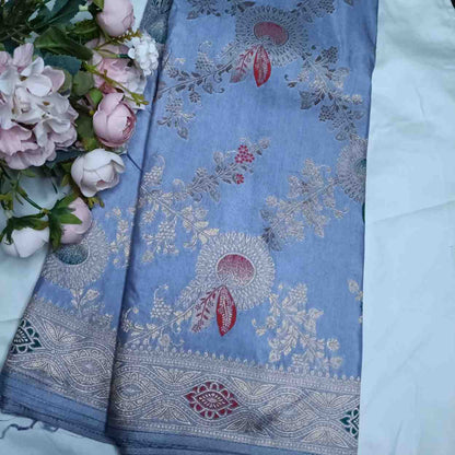 GREY FLORAL JAAL BANARASI VISCOSE SAREE