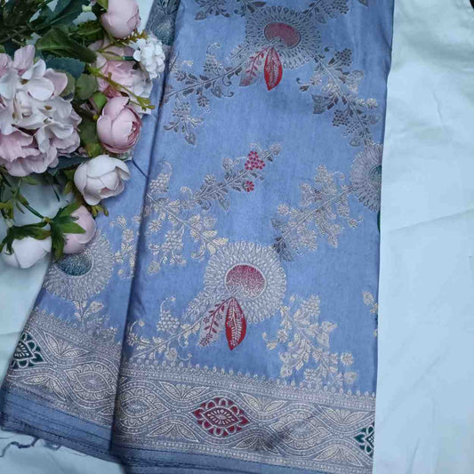 GREY FLORAL JAAL BANARASI VISCOSE SAREE