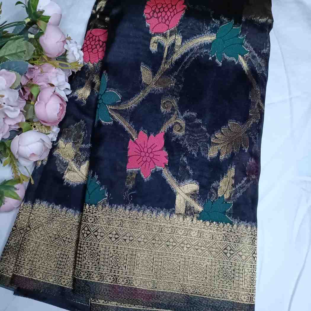 BLACK MEENAKARI FLORAL JAAL BANARASI ORGANZA SAREE