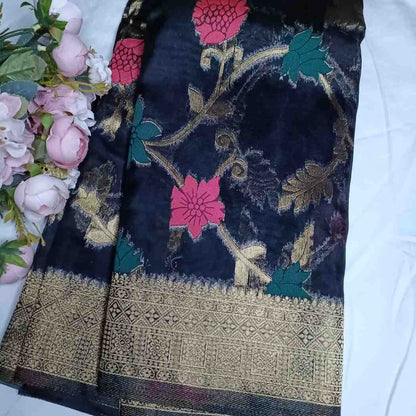 BLACK MEENAKARI FLORAL JAAL BANARASI ORGANZA SAREE