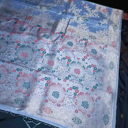 GREY FLORAL JAAL BANARASI VISCOSE SAREE