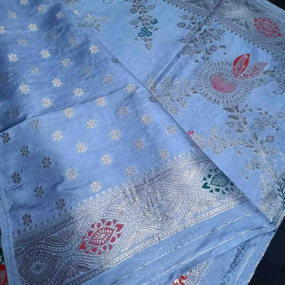 GREY FLORAL JAAL BANARASI VISCOSE SAREE