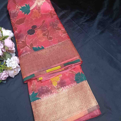 PINK MEENAKARI FLORAL JAAL BANARASI ORGANZA SAREE