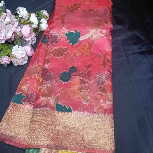 PINK MEENAKARI FLORAL JAAL BANARASI ORGANZA SAREE