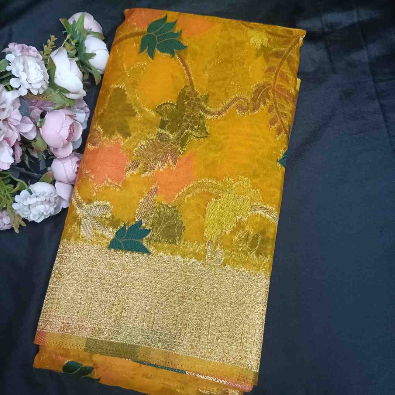 YELLOW MEENAKARI FLORAL JAAL BANARASI ORGANZA SAREE