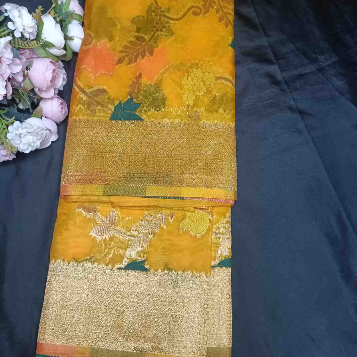 YELLOW MEENAKARI FLORAL JAAL BANARASI ORGANZA SAREE