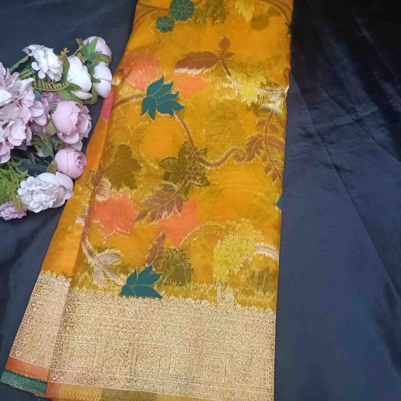 YELLOW MEENAKARI FLORAL JAAL BANARASI ORGANZA SAREE