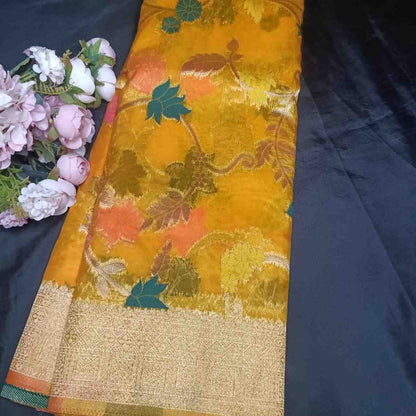 YELLOW MEENAKARI FLORAL JAAL BANARASI ORGANZA SAREE