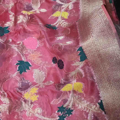 PINK MEENAKARI FLORAL JAAL BANARASI ORGANZA SAREE