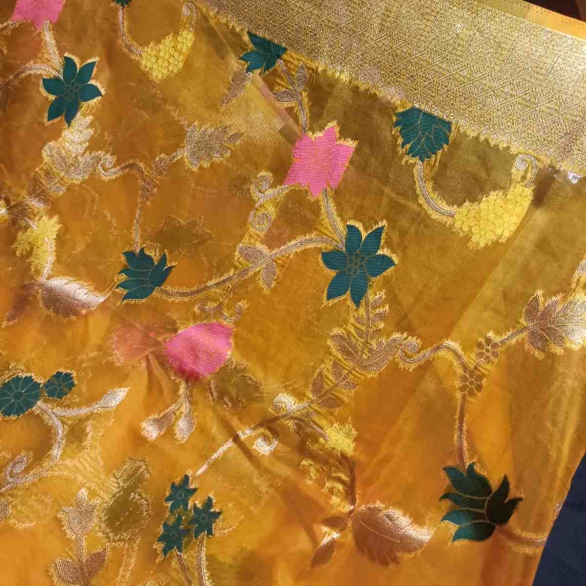 YELLOW MEENAKARI FLORAL JAAL BANARASI ORGANZA SAREE