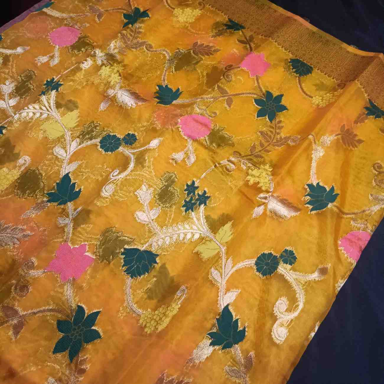 YELLOW MEENAKARI FLORAL JAAL BANARASI ORGANZA SAREE