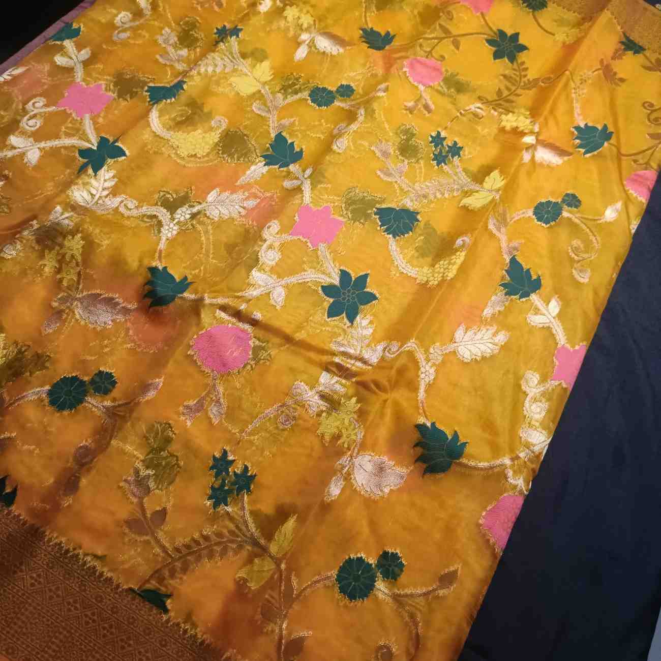 YELLOW MEENAKARI FLORAL JAAL BANARASI ORGANZA SAREE