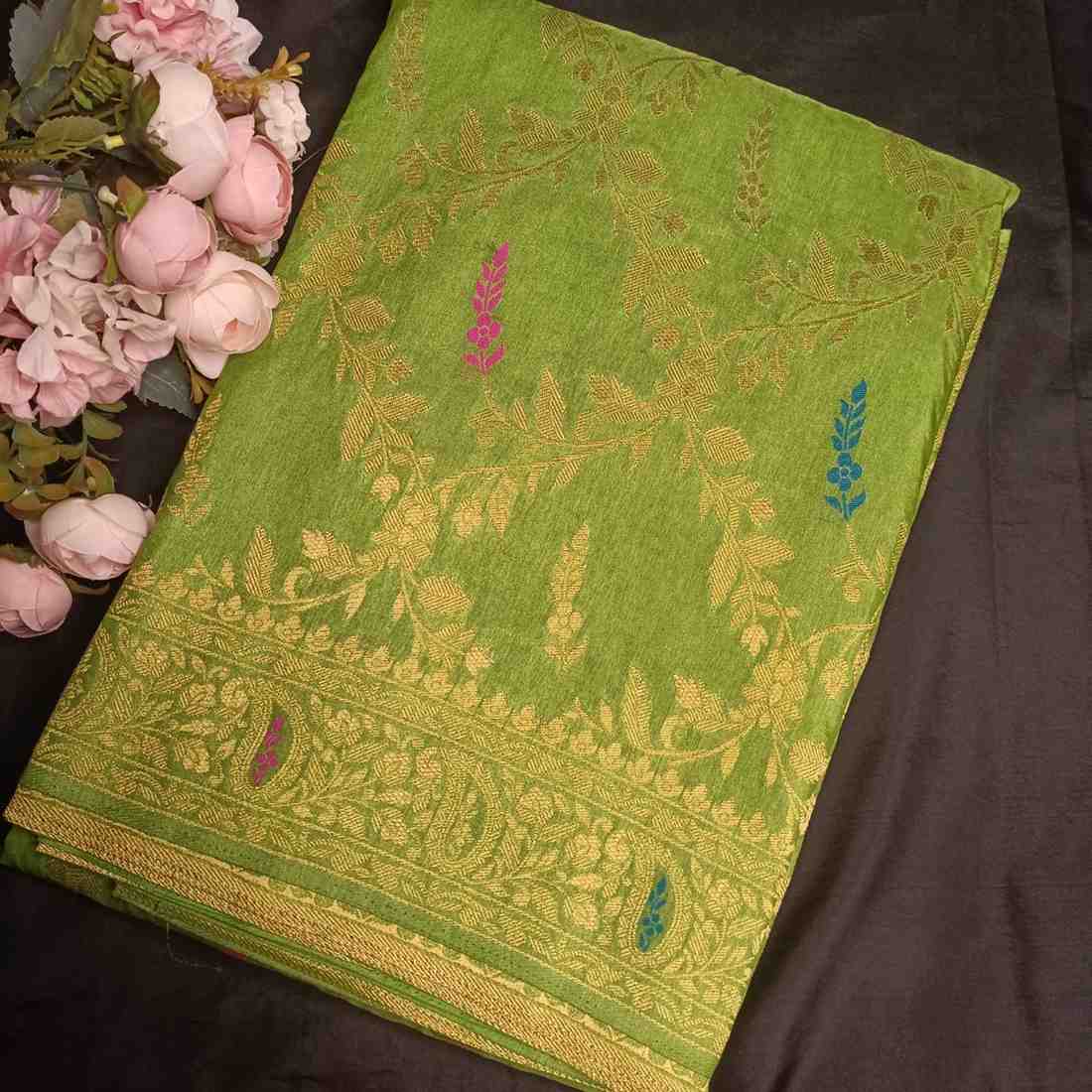 PARROT GREEN FLORAL JAAL BANARASI SEMI SILK SAREE