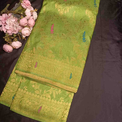 PARROT GREEN FLORAL JAAL BANARASI SEMI SILK SAREE