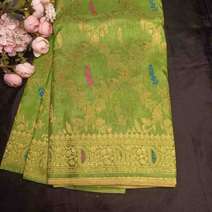 PARROT GREEN FLORAL JAAL BANARASI SEMI SILK SAREE